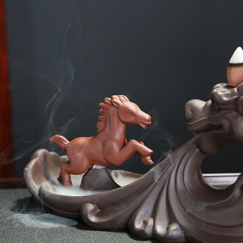 Dragon Horse Incense Burner Spiritual Backflow Purple Sand Crafts.