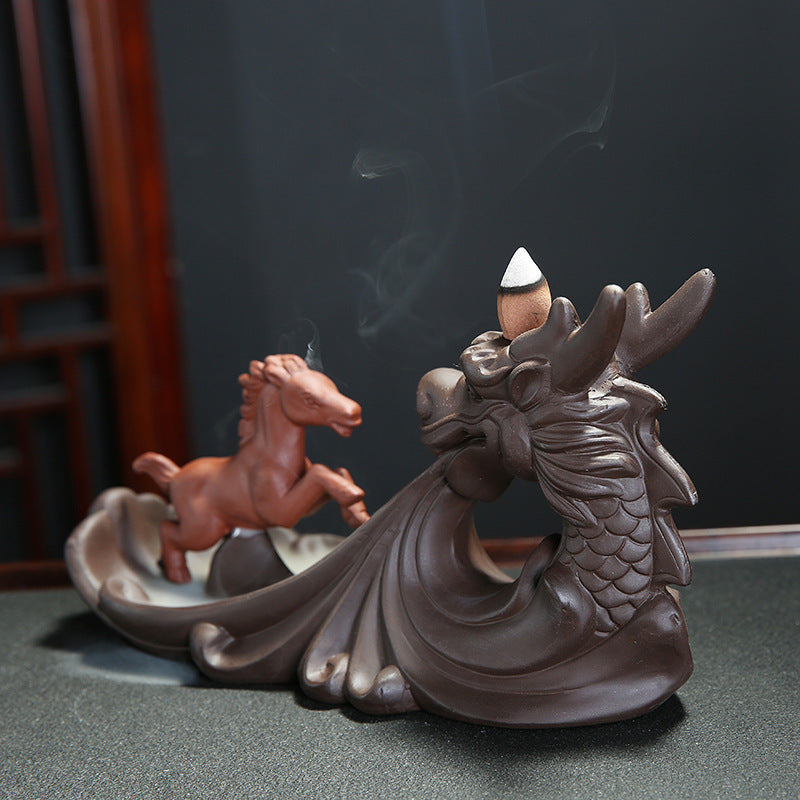 Dragon Horse Incense Burner Spiritual Backflow Purple Sand Crafts.