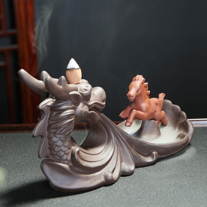 Dragon Horse Incense Burner Spiritual Backflow Purple Sand Crafts.