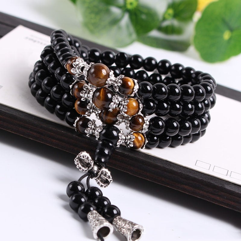 Crystal bracelet/necklace, Tibet Buddhist meditation, black color, 108 prayer beads.