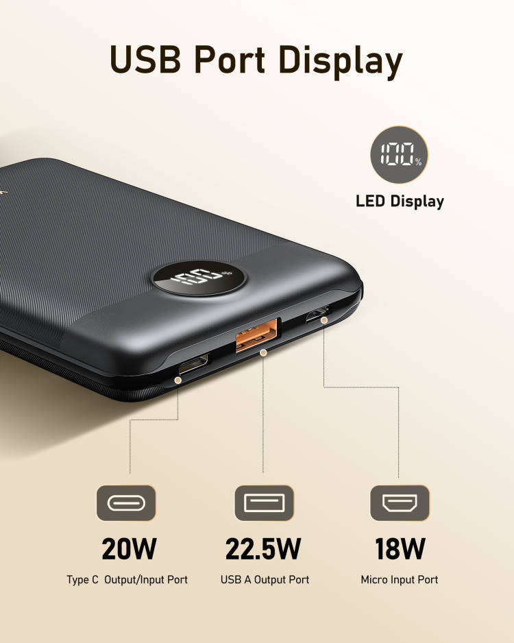 MINI POWER BANK 10000MAH, 22.5W FAST PORTABLE CHARGER WITH PD 3.0 AND QC SLIM